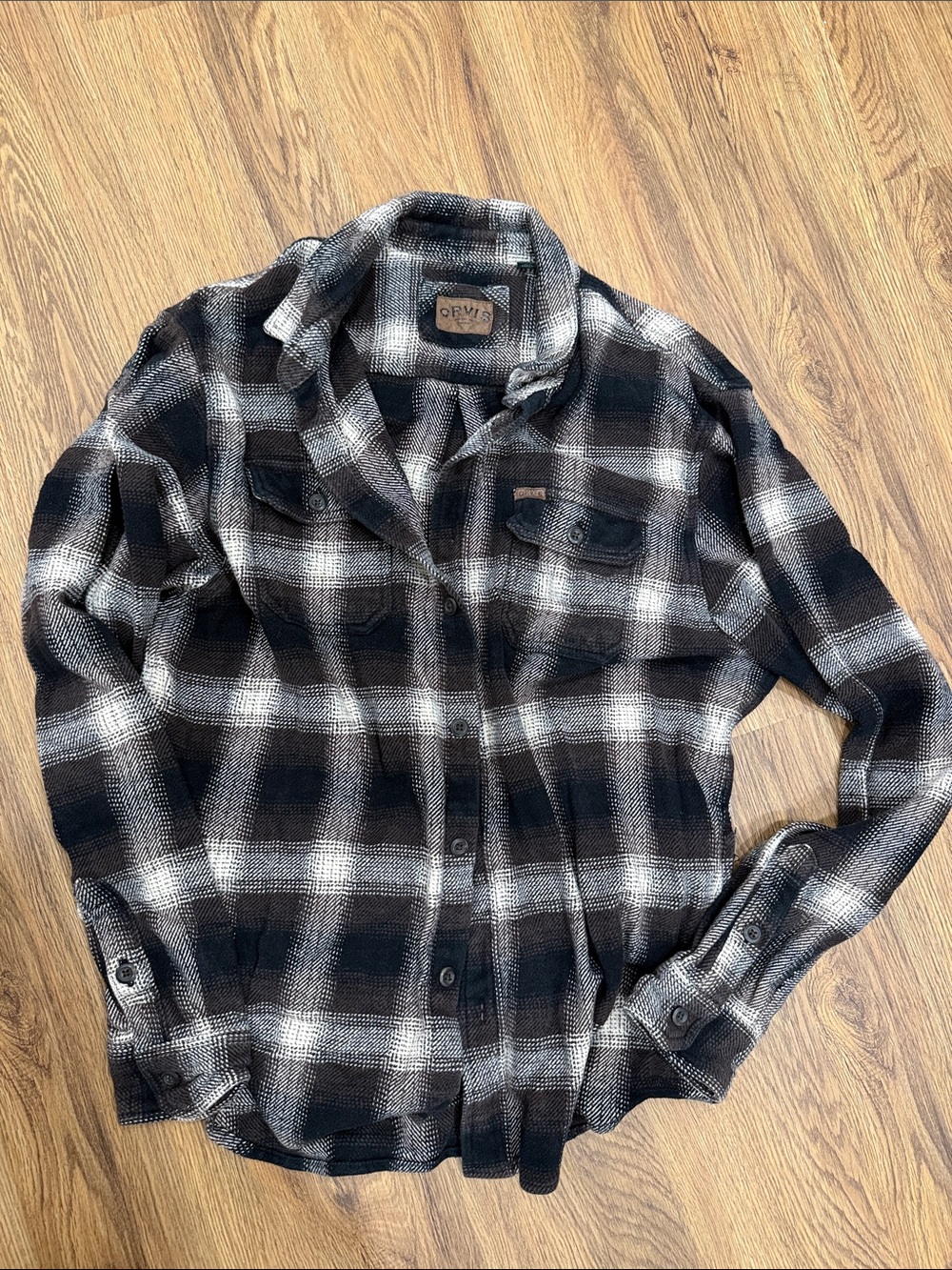Orvis Black, Brown & White Plaid Flannel Shirt
